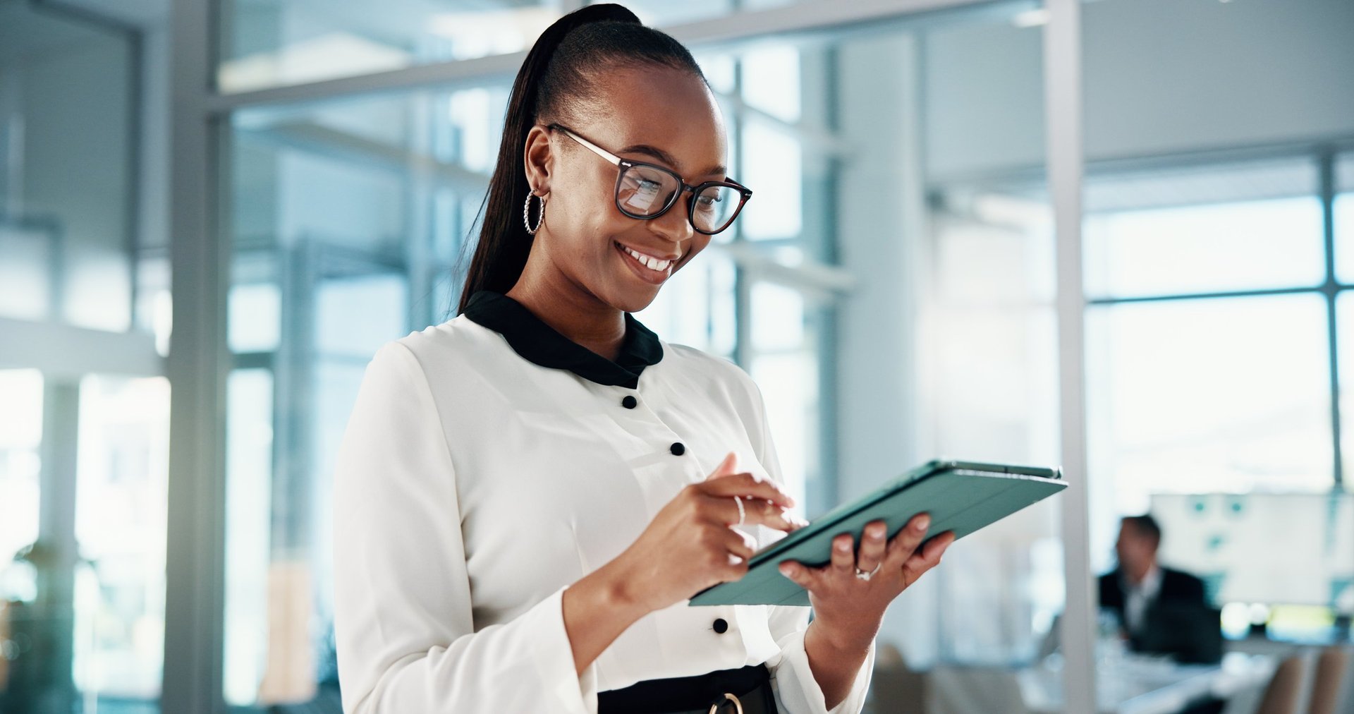 Reading, smile and woman with tablet, browsing and happy for traffic on website and SEO manager